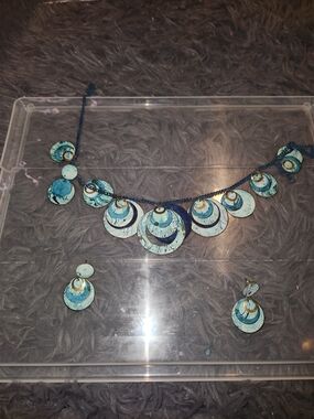 Blue Layered Disc Necklace and Earrings Set